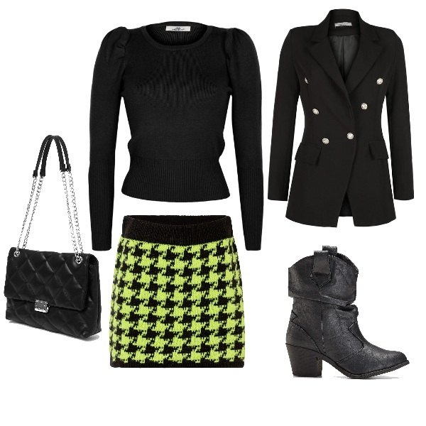 Outfit donna - Total look #1489787. Stile Casual chic per Serata fuori. Abbinamento con stivaletti texani, minigonne, blazer, pullovers, borse a spalla.