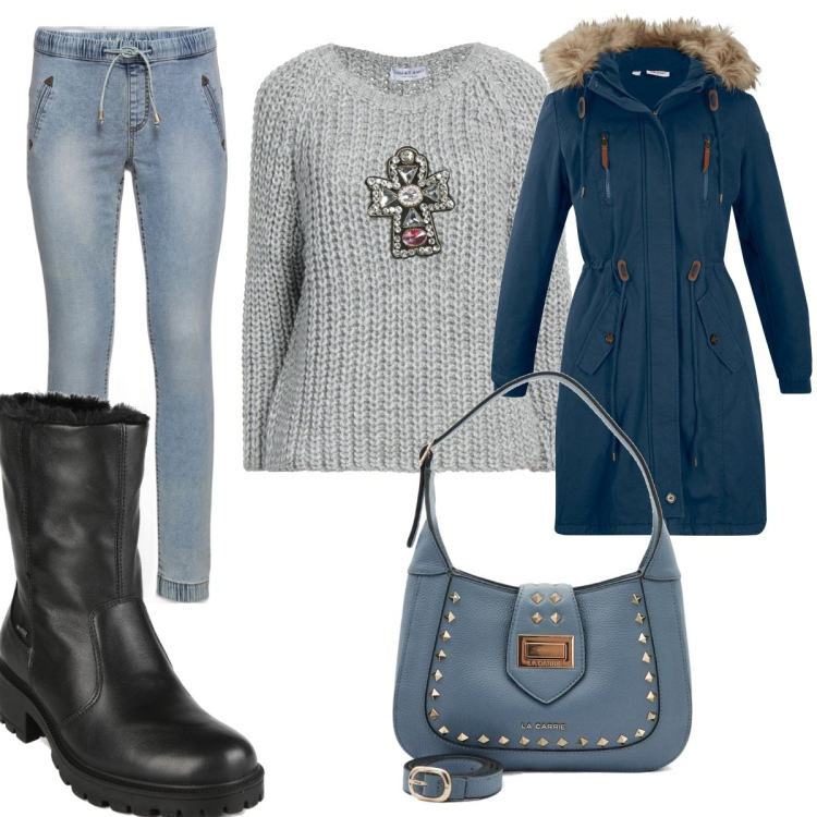 Outfit donna - Total look #1489938. Stile Casual per Tutti i giorni. Abbinamento con parka, jeggings, pullovers, stivaletti, borse a mano.