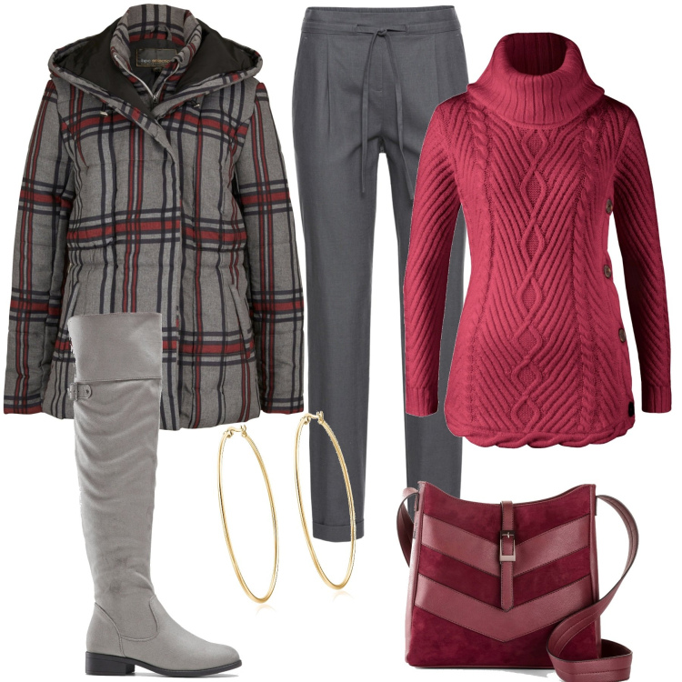 Outfit donna - Capelli biondi focus donna Curvy. Stile Casual chic per Tutti i giorni. Abbinamento con pantaloni, maglieria, giacche, borse a tracolla, stivali, orecchini.