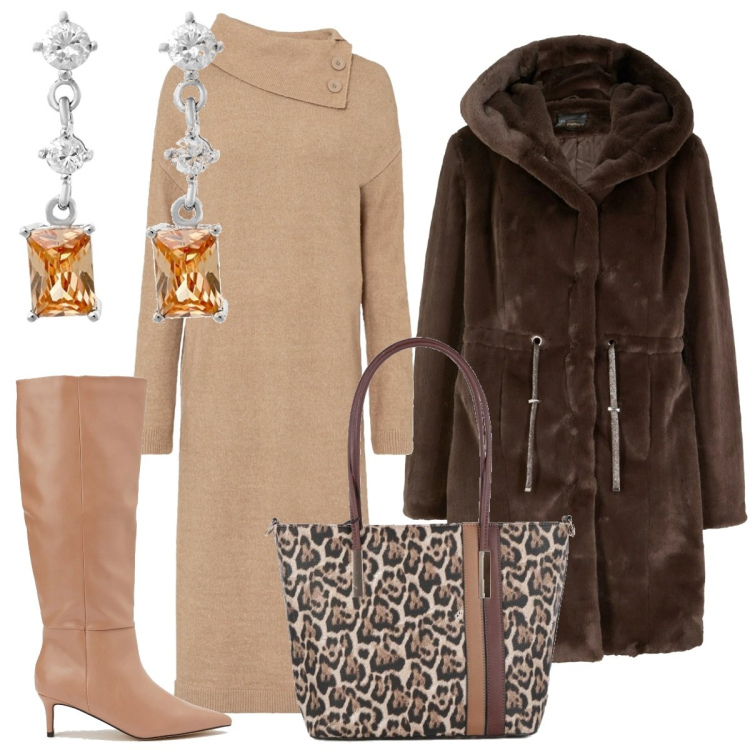 Outfit donna - Orecchini brillanti in ufficio. Stile Minimal per Ufficio. Abbinamento con vestiti chemisier, ecopellicce, borse a spalla, stivali, orecchini.