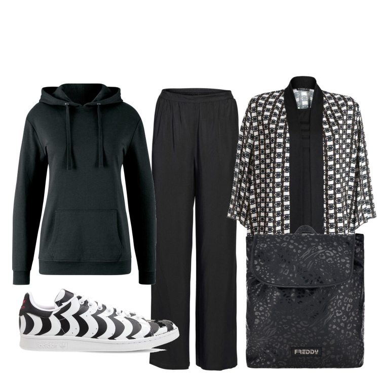 Outfit donna - Total look #1490044. Stile Basic per Tutti i giorni. Abbinamento con felpe con cappuccio, pantaloni a palazzo, bluse, zaini, sneakers.