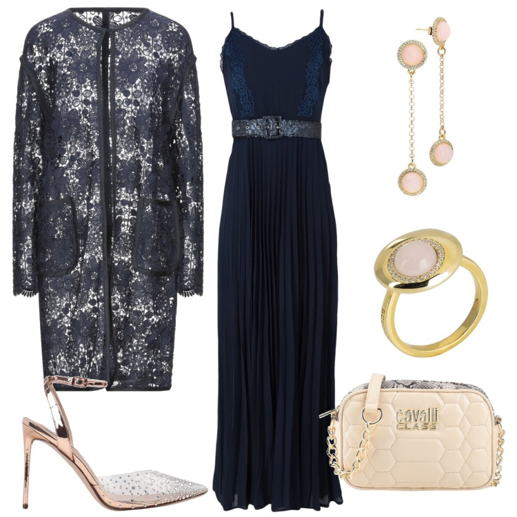 Outfit donna - Cena di Capodanno glamour. Stile Glamour per Serata fuori. Abbinamento con décolleté, vestiti lunghi, cappotti, borse a tracolla, anelli, orecchini.