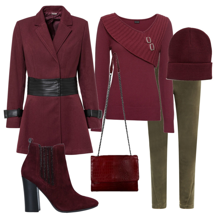 Outfit donna - Total look #1490107. Stile Urban per Ufficio. Abbinamento con maglieria, cappotti, stivaletti, cappelli con visiera, borse a tracolla, pantaloni.