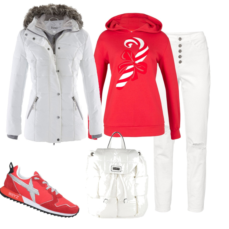 Outfit donna - Total look #1490195. Stile Casual per Tutti i giorni. Abbinamento con piumini, felpe con cappuccio, pantaloni, sneakers, zaini.