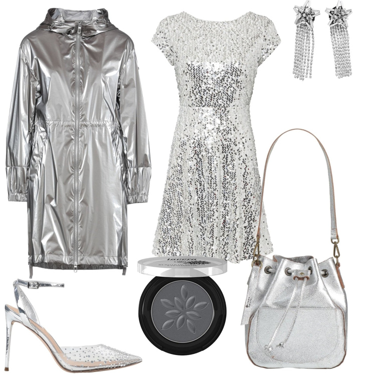 Outfit donna - Grigio paiettes scintillante. Stile Chic per Serata fuori. Abbinamento con vestiti, décolleté, borse a spalla, cappotti, orecchini, ombretti.