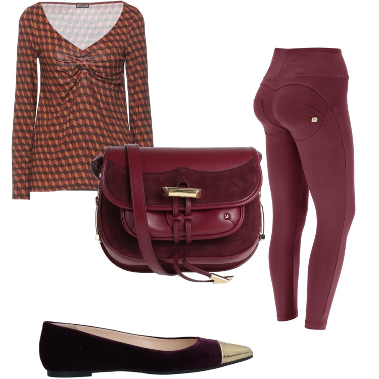 Outfit donna - Borsa bordeaux in pelle e camoscio. Stile Casual per Tutti i giorni. Abbinamento con t-shirt, ballerine, borse a tracolla, pantaloni skinny.