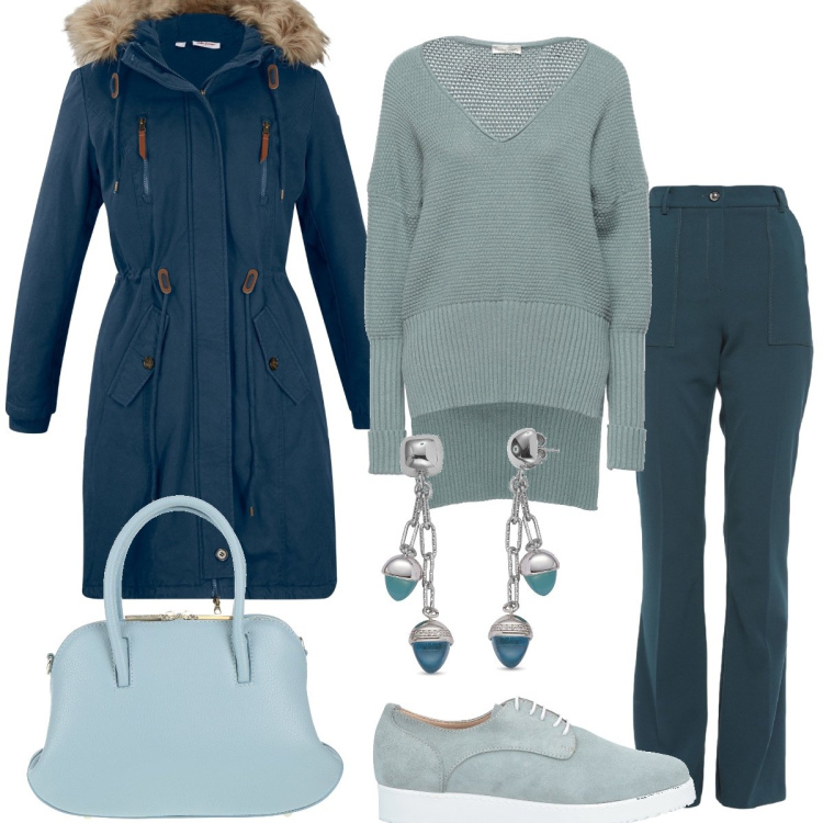 Outfit donna - Tempo libero. Stile Casual per Tutti i giorni. Abbinamento con parka, pullovers, pantaloni, scarpe stringate, borse a mano, orecchini.