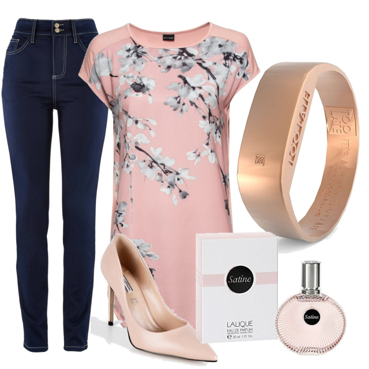 Outfit donna - Primavera dinamica. Stile Casual chic per Ufficio. Abbinamento con jeans slim fit, maglieria, décolleté, orologi digitali, profumi.