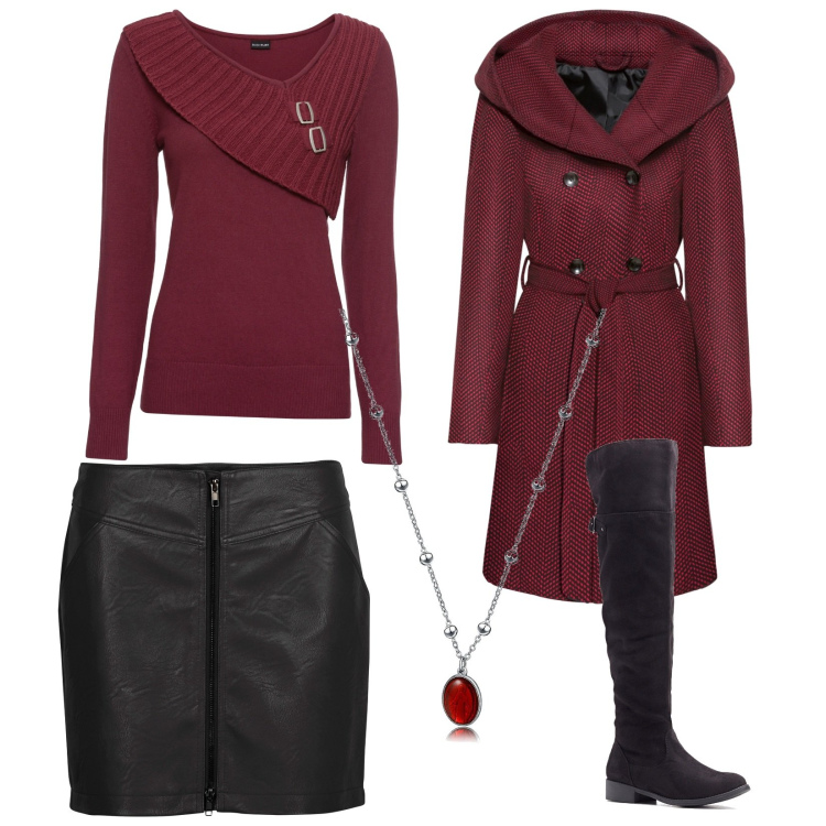 Outfit donna - Cappotto rosso e nero. Stile Casual chic per Tutti i giorni. Abbinamento con cappotti, maglieria, minigonne, stivali sopra il ginocchio, collane.