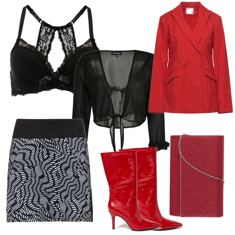 Outfit donna - Buon Natale. Stile Chic per Serata fuori. Abbinamento con reggiseni, blazer, bolero, pochette, stivali, vestiti.