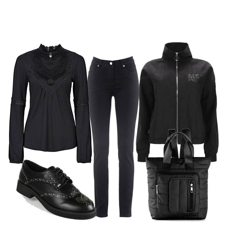 Outfit donna - Total black. Stile Basic per Tutti i giorni. Abbinamento con jeans slim fit, maglieria, zaini, francesine, giacche.