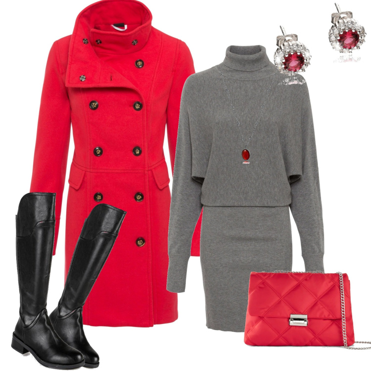 Outfit donna - Rosso per le feste. Stile Casual chic per Tutti i giorni. Abbinamento con vestiti, cappotti, borse a tracolla, stivali, collane, orecchini.