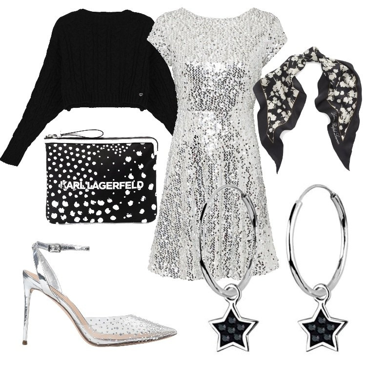 Outfit donna - Mood brillante sempre. Stile Glamour per Serata fuori. Abbinamento con vestiti, décolleté, maglieria, clutch, sciarpe, orecchini.