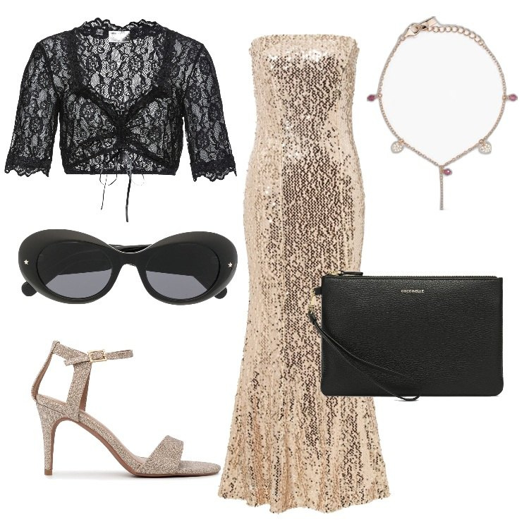 Outfit donna - Pronta per l\'ultimo dell\'anno. Stile Glamour per Serata fuori. Abbinamento con camicie, vestiti, maglieria, pochette, occhiali da sole, sandali col tacco.