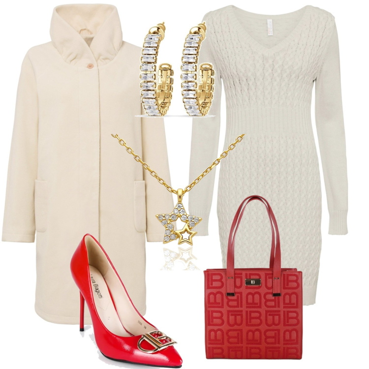 Outfit donna - Pranzo di Natale. Stile Glamour per Tutti i giorni. Abbinamento con vestiti, cappotti, décolleté, borse a spalla, orecchini, collane.