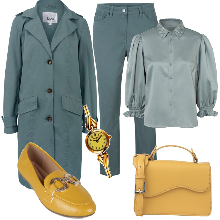 Outfit donna - Al lavoro. Stile Casual chic per Ufficio. Abbinamento con pantaloni, camicie, cappotti, borse a mano, mocassini, orologi.
