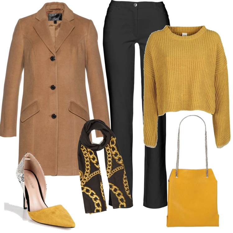 Outfit donna - Ufficio. Stile Casual chic per Ufficio. Abbinamento con pantaloni, cappotti, borse a mano, maglieria, décolleté, stole.