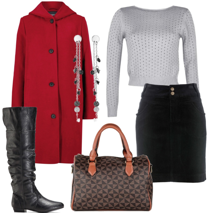 Outfit donna - Total look #1491234. Stile Casual per Tutti i giorni. Abbinamento con gonne lunghe, stivali sopra il ginocchio, cappotti, pullovers, borse a mano, orecchini.