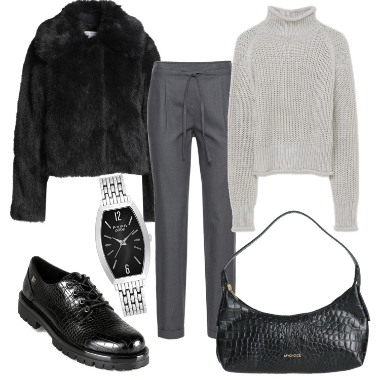 Outfit donna - Pellicciotto per l\'ufficio. Stile Mannish per Ufficio. Abbinamento con cappotti, borse a mano, pantaloni, francesine, orologi, maglieria.