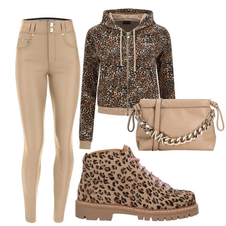 Outfit donna - Animalier pret a porter. Stile Sporty chic per Sport. Abbinamento con stivaletti, borse a tracolla, felpe con cappuccio, pantaloni.