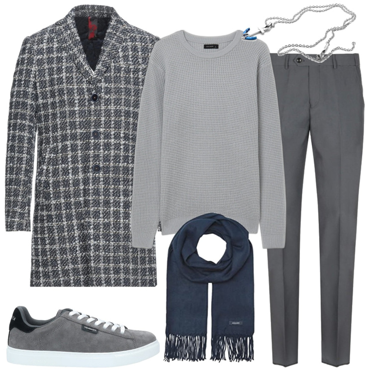 Outfit uomo - Elegante ma non troppo. Stile Trendy per Tutti i giorni. Abbinamento con pantaloni, collane, maglieria, sneakers, cappotti, sciarpe.