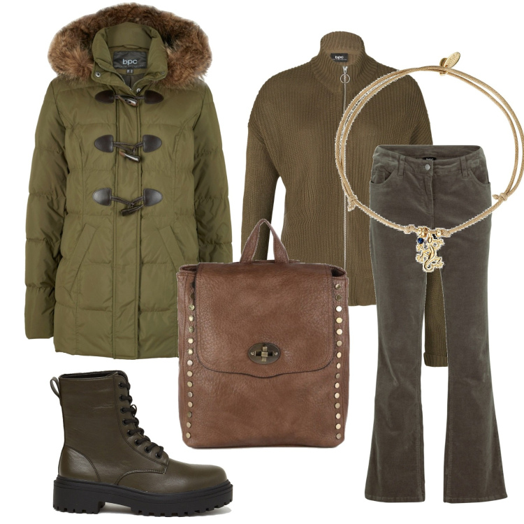 Outfit donna - Total look #1491389. Stile Casual per Scuola/Università. Abbinamento con pantaloni, montgomery, cardigans, zaini, braccialetti, anfibi.