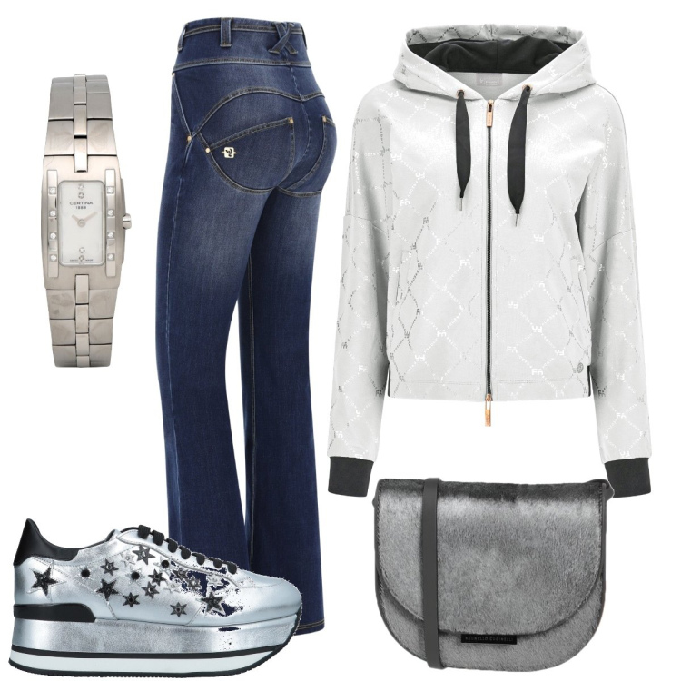 Outfit donna - Freddy. Stile Sporty chic per Serata fuori. Abbinamento con sneakers, orologi, borse a tracolla, jeans a zampa, felpe con cappuccio.