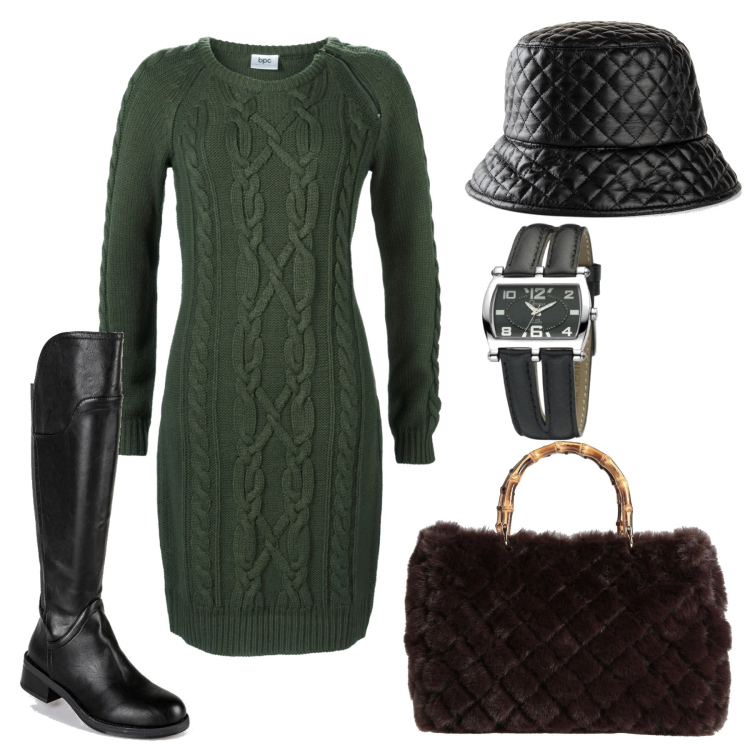 Outfit donna - Total look #1491434. Stile Casual chic per Scuola/Università. Abbinamento con cappelli con visiera, vestiti, borse a mano, stivali, orologi.