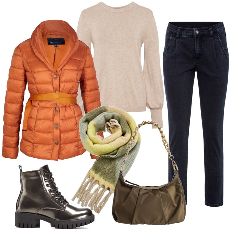 Outfit donna - Orange. Stile Casual per Tutti i giorni. Abbinamento con borse a spalla, maglieria, giacche, stivaletti, jeans, sciarpe.