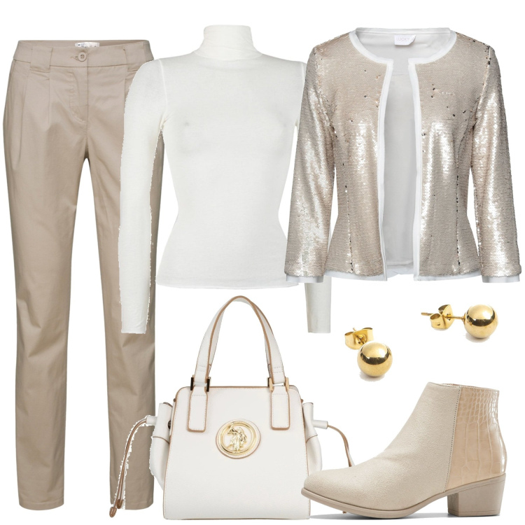 Outfit donna - 24 ore. Stile Chic per Tutti i giorni. Abbinamento con pantaloni chino, stivaletti, blazer, borse a mano, maglieria, orecchini.