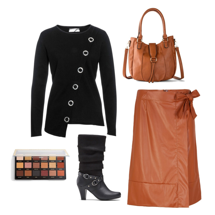 Outfit donna - Gonna particolare. Stile Minimal per Tutti i giorni. Abbinamento con stivali, maglieria, gonne, borse a mano, ombretti.