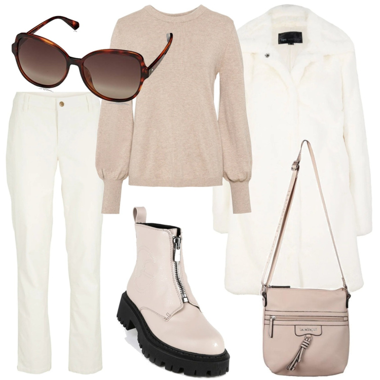 Outfit donna - Lo stivaletto di tendenza. Stile Casual chic per Tutti i giorni. Abbinamento con maglieria, maglieria, ecopellicce, stivaletti, borse a tracolla, occhiali da sole.