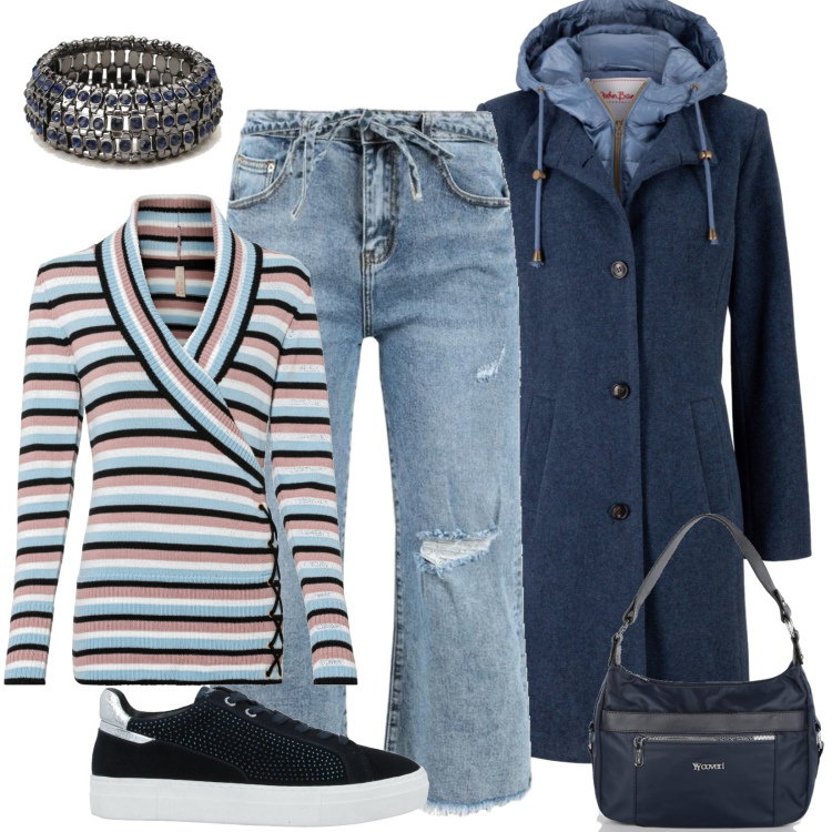 Outfit donna - Total look #1491836. Stile Casual per Tutti i giorni. Abbinamento con cappotti, maglieria, sneakers, jeans boyfriend, borse a spalla, braccialetti.