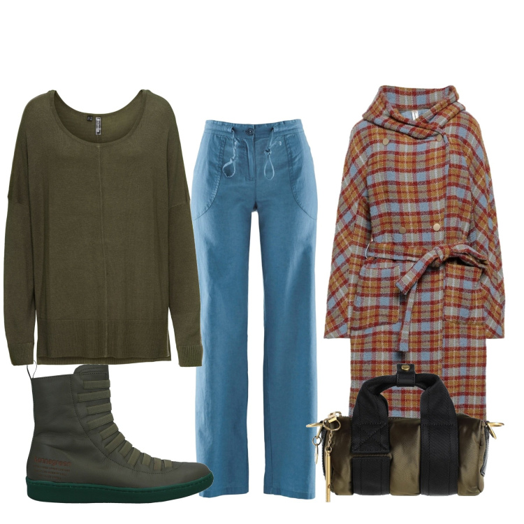 Outfit donna - Basic #12275. Stile Basic per Tutti i giorni. Abbinamento con pantaloni a palazzo, maglieria, cappotti, stivaletti, borse a mano.