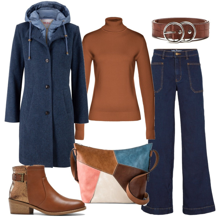 Outfit donna - Il cappottino blu. Stile Casual chic per Tutti i giorni. Abbinamento con cappotti, maglieria, jeans, borse a tracolla, stivaletti, cinture.