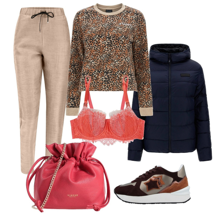 Outfit donna - Un tocco di rosso. Stile Sporty chic per Tutti i giorni. Abbinamento con sneakers, reggiseni, borse a tracolla, pantaloni, piumini, felpe.