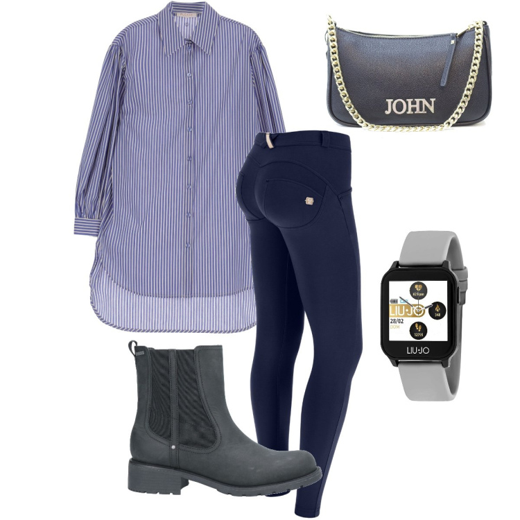 Outfit donna - Con il camicione a righe. Stile Casual per Tutti i giorni. Abbinamento con stivaletti, camicie, orologi, borse a spalla, pantaloni skinny.