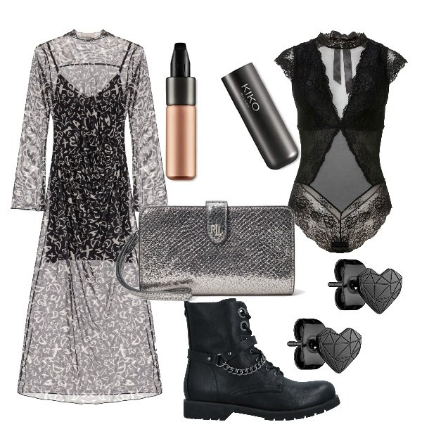 Outfit donna - Mercoledì. Stile Rock per Serata fuori. Abbinamento con body, stivaletti, vestiti midi/longuette, pochette, rossetti, orecchini.