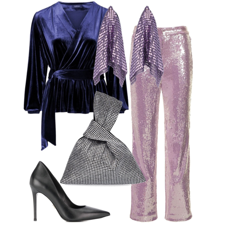 Outfit donna - Un capodanno brillante. Stile Glamour per Serata fuori. Abbinamento con décolleté, bluse, pantaloni, borse a mano, orecchini.