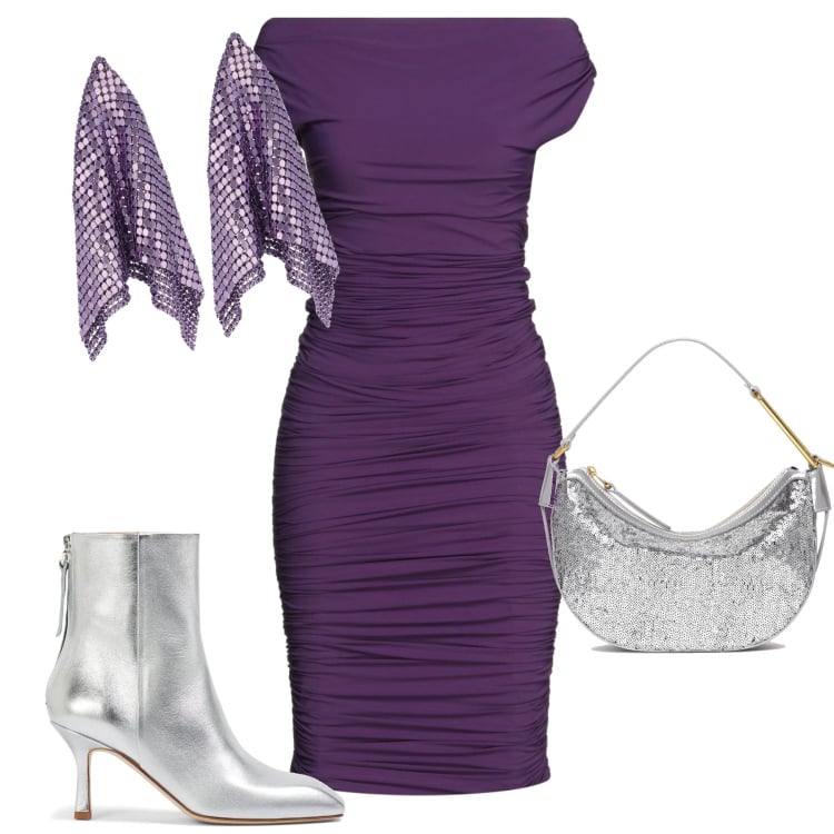 Outfit donna - A capodanno si brilla. Stile Sexy per Serata fuori. Abbinamento con vestiti midi/longuette, borse a spalla, orecchini, stivaletti.