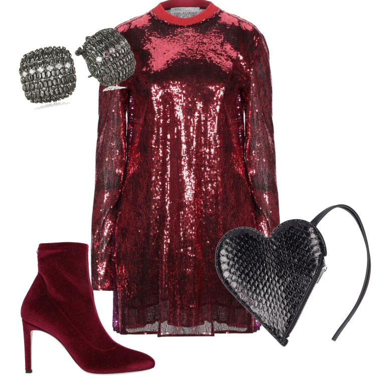 Outfit donna - Capodanno brillante. Stile Glamour per Serata fuori. Abbinamento con vestiti corti, stivaletti, pochette, orecchini.