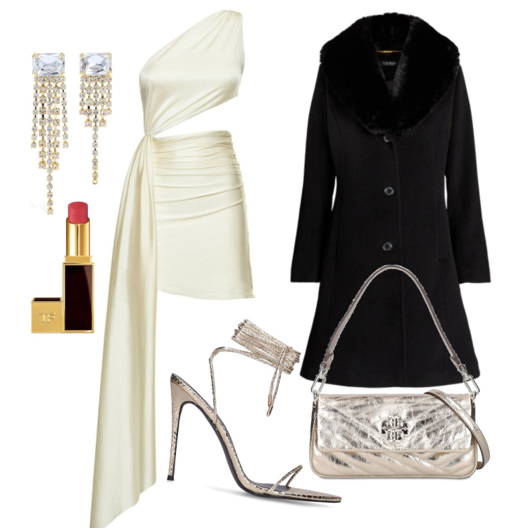 Outfit donna - Ghost outfitter - brillare a Capodanno. Stile Trendy per Serata fuori. Abbinamento con rossetti, cappotti, vestiti asimmetrici, borse a spalla, orecchini, sandali in pelle.