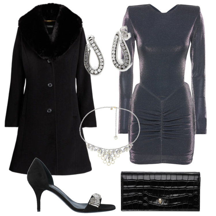 Outfit donna - Brillare a capodanno. Stile Glamour per Serata fuori. Abbinamento con sandali in pelle, orecchini, cappotti, vestiti, pochette, collane.