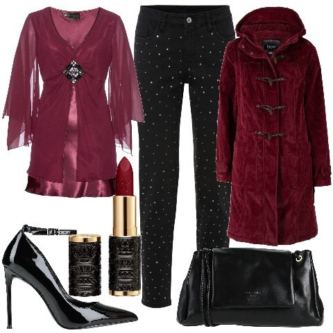 Outfit donna - La magia del Natale Bantoa. Stile Casual chic per Tutti i giorni. Abbinamento con montgomery, tuniche, pantaloni, borse a tracolla, décolleté, rossetti.