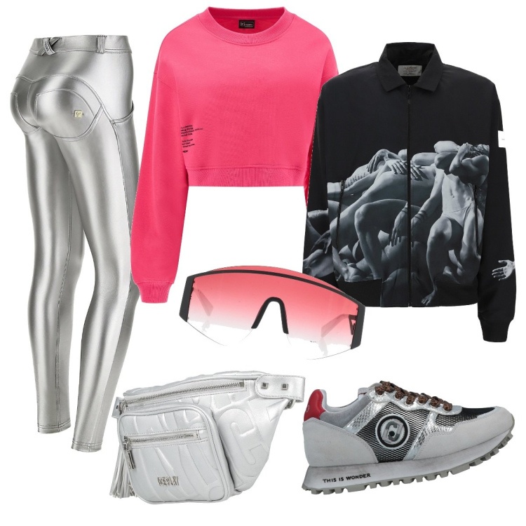 Outfit donna - La corsa in parco. Stile Trendy per Tutti i giorni. Abbinamento con sneakers, marsupi, occhiali da sole, pantaloni skinny, bomber, felpe.