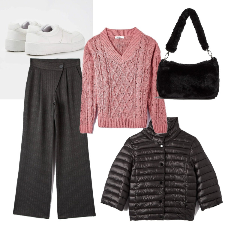 Outfit donna - Terranova - curvy. Stile Casual chic per Tutti i giorni. Abbinamento con pantaloni a palazzo, maglieria, cappotti, sneakers, borse a spalla.