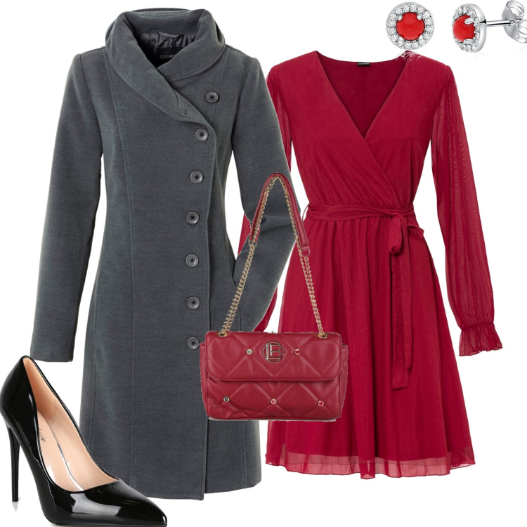 Outfit donna - Il vestito rosso. Stile Casual chic per Tutti i giorni. Abbinamento con cappotti, vestiti, borse a mano, décolleté, orecchini.