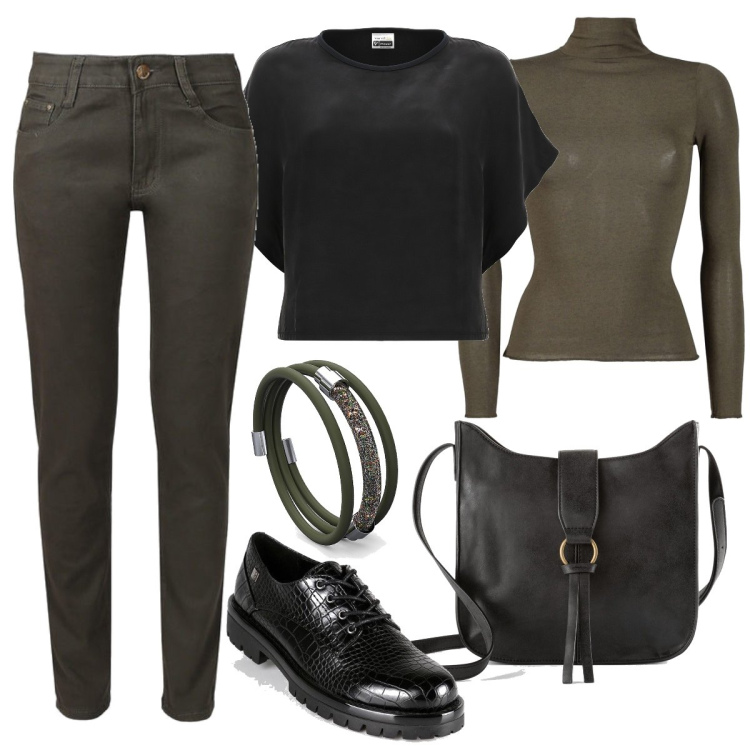 Outfit donna - Verde militare. Stile Urban per Tutti i giorni. Abbinamento con borse a tracolla, francesine, pantaloni, maglieria, braccialetti, maglieria.