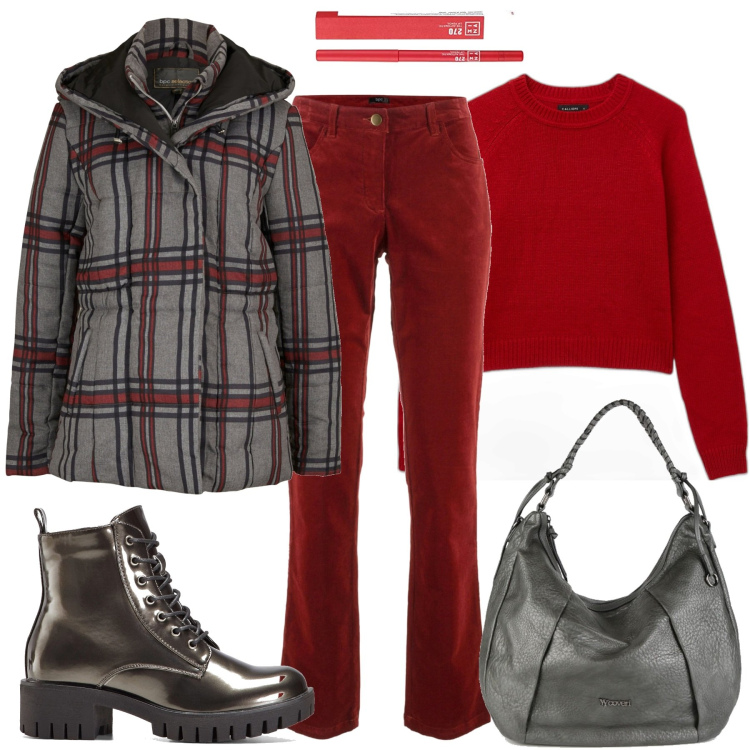 Outfit donna - Piumino check. Stile Casual per Tutti i giorni. Abbinamento con pantaloni, giacche, stivaletti, borse a spalla, maglieria, matite labbra.