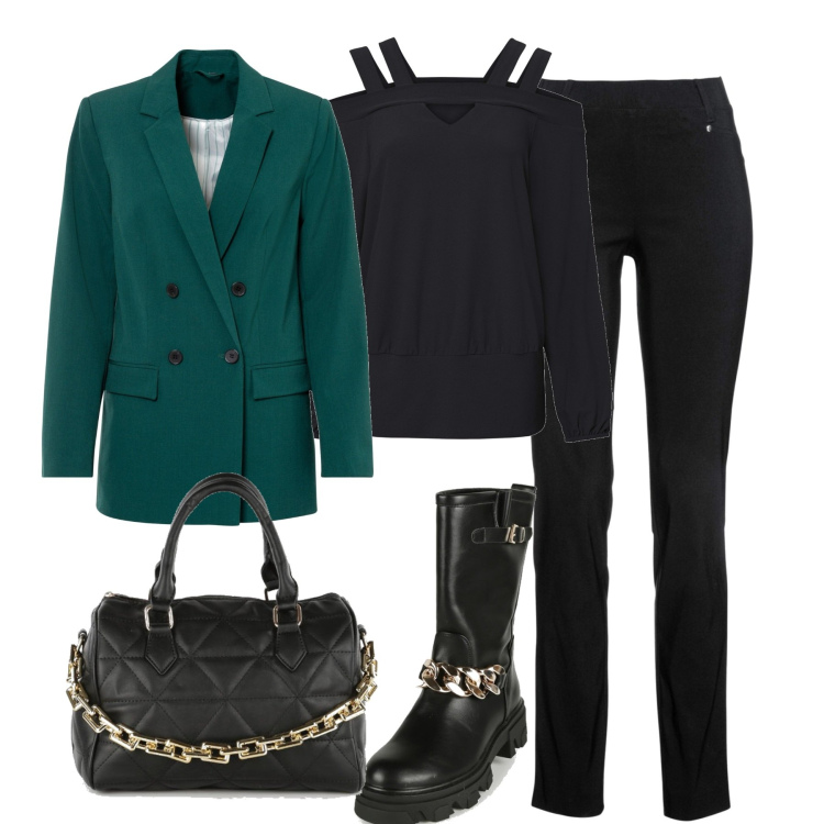 Outfit donna - In città. Stile Trendy per Tutti i giorni. Abbinamento con pantaloni, bracciale con sfere oro, blazer, borse a mano, stivaletti.
